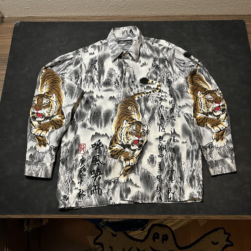 No Boundaries Green Yellow Dragon Abstract Asian Button Up Shirt Tiger Y2K AOP